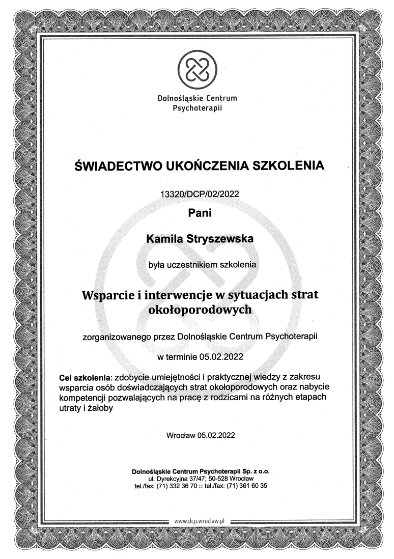 Dyplom ukończenia szkolenia i certyfikat