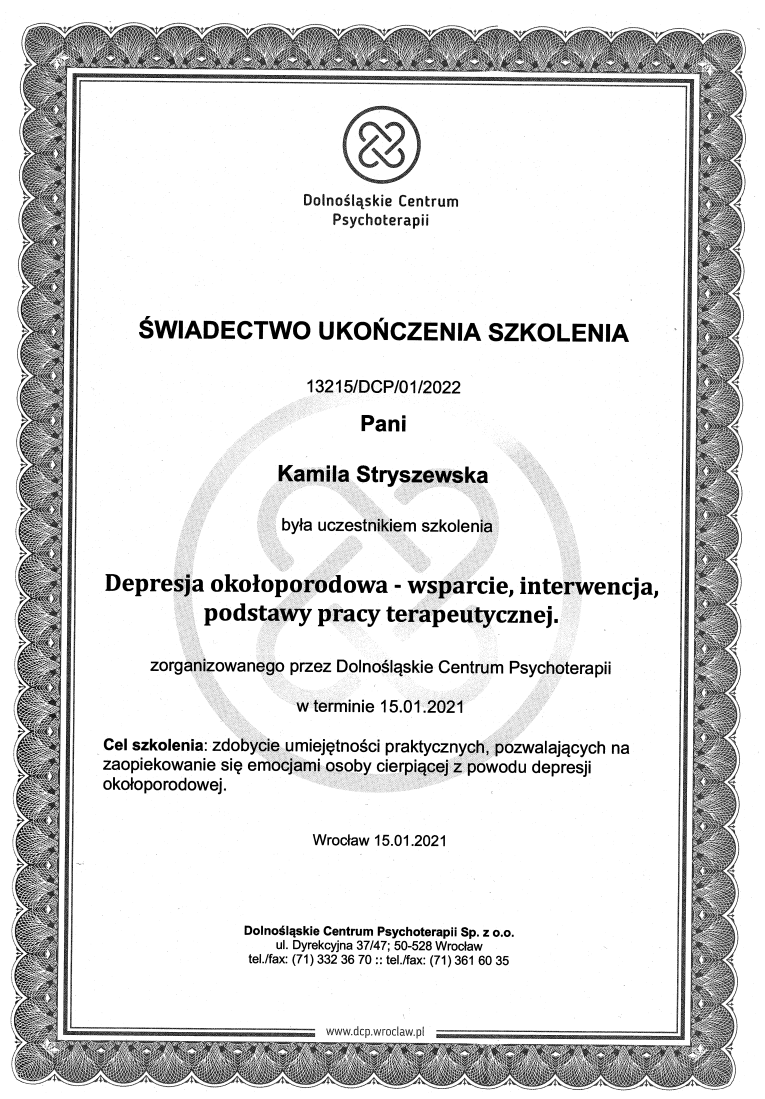 Certyfikat uczestnictwa w szkoleniu terapeutycznym