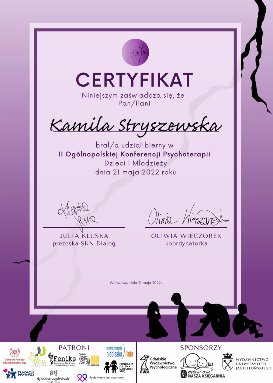 Certyfikat ukończenia szkolenia psychoterapeutycznego