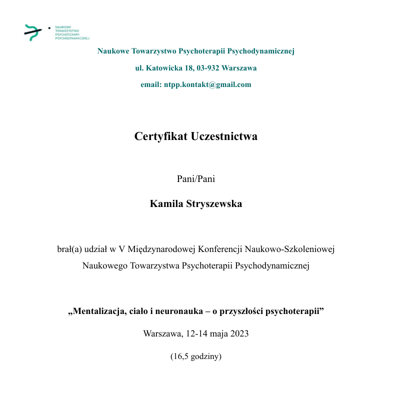 Certyfikat uczestnictwa w konferencji